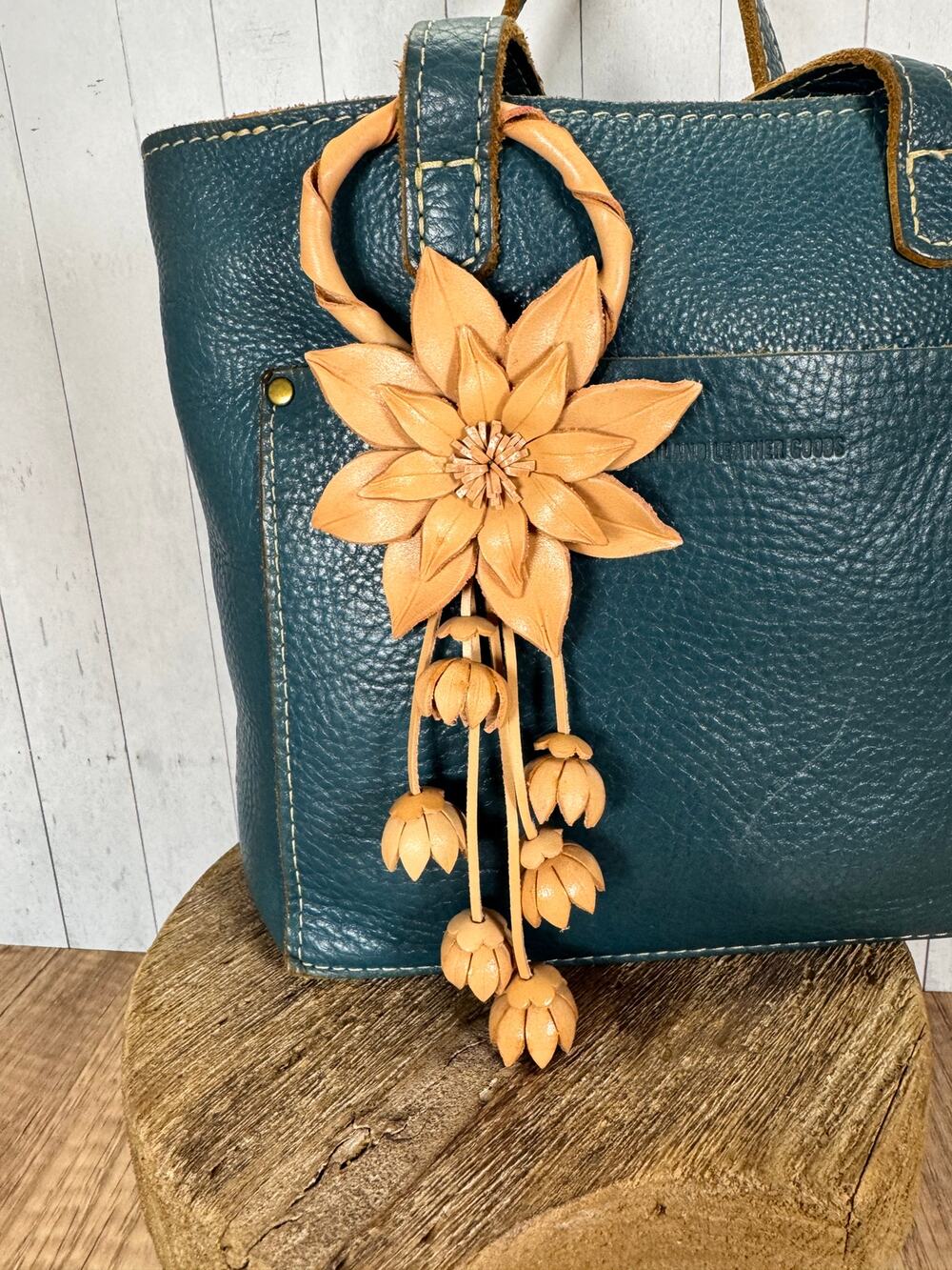 Daisy Flower Purse Charm Genuine Leather Neutral Beige Flower Bag Charm